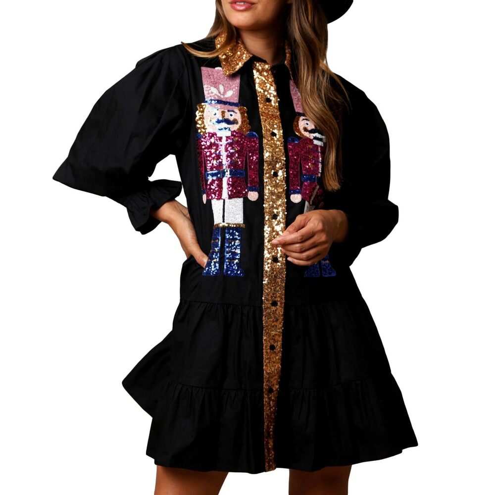6845 Christmas Sequin Skirt Nutcracker Sweatshirt T-Shirt Dress Holiday